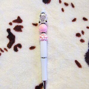 White Cow Pink Custom Made Rhinestone Wood Beaded Ink Pen
